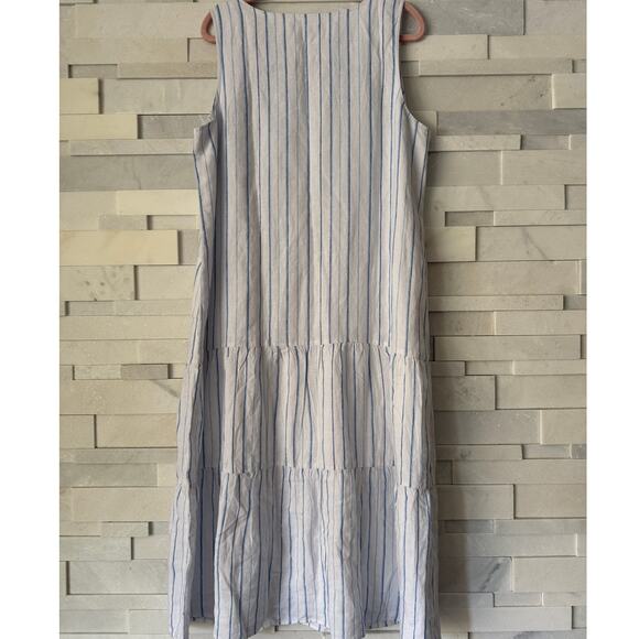 J JILL LOVE LINEN White Blue Stripe Sleeveless Dropwaist Tiered Maxi Dress XLP - Picture 2 of 7